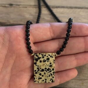 Dalmatian Jasper, Onyx, and Gold Filled Geometric Necklace